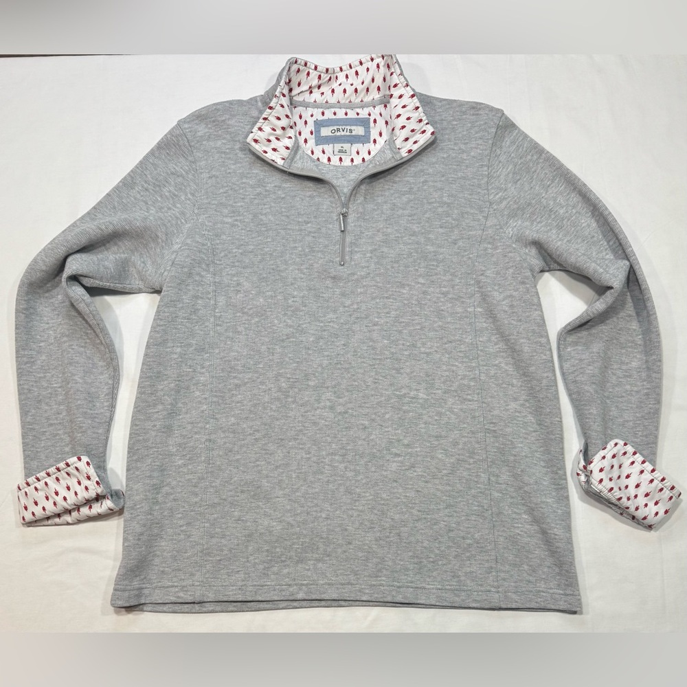 Orvis Gray 1/4 Zip-Up Women’s XL Sweater with Patterned Flip Collar/Cuff